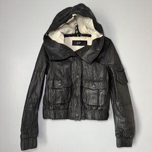 Vintage Black Hooded Leather Cargo Pocket Moto Jacket Womens Size Small